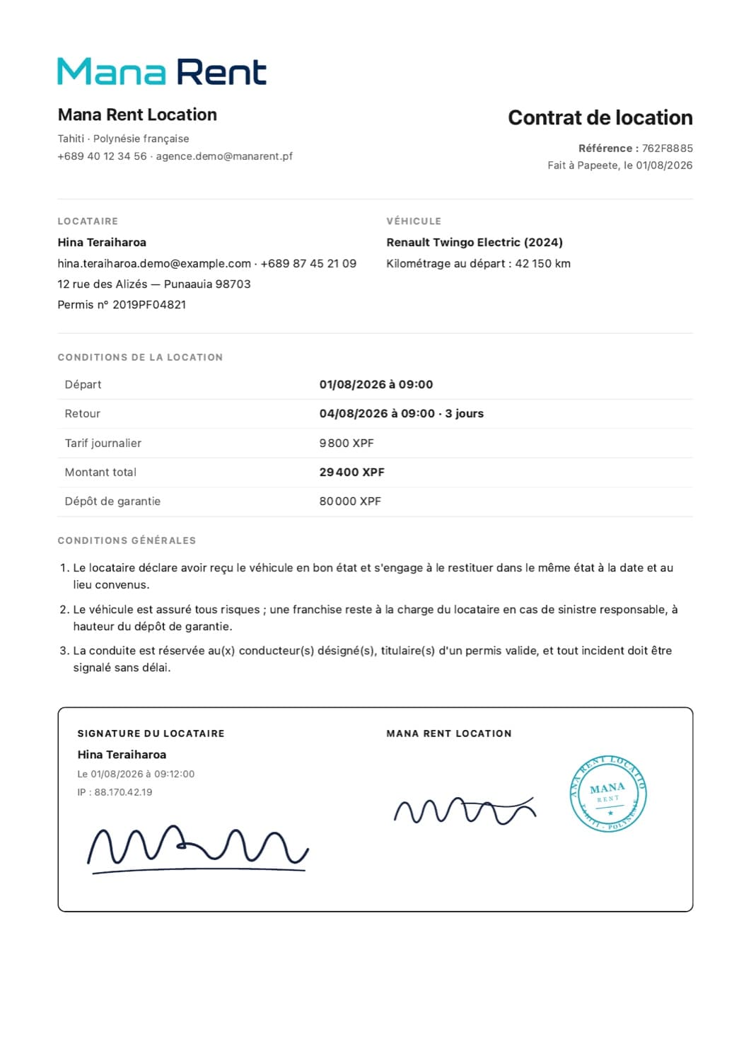Contrat de location signé avec signature et tampon de l'agence